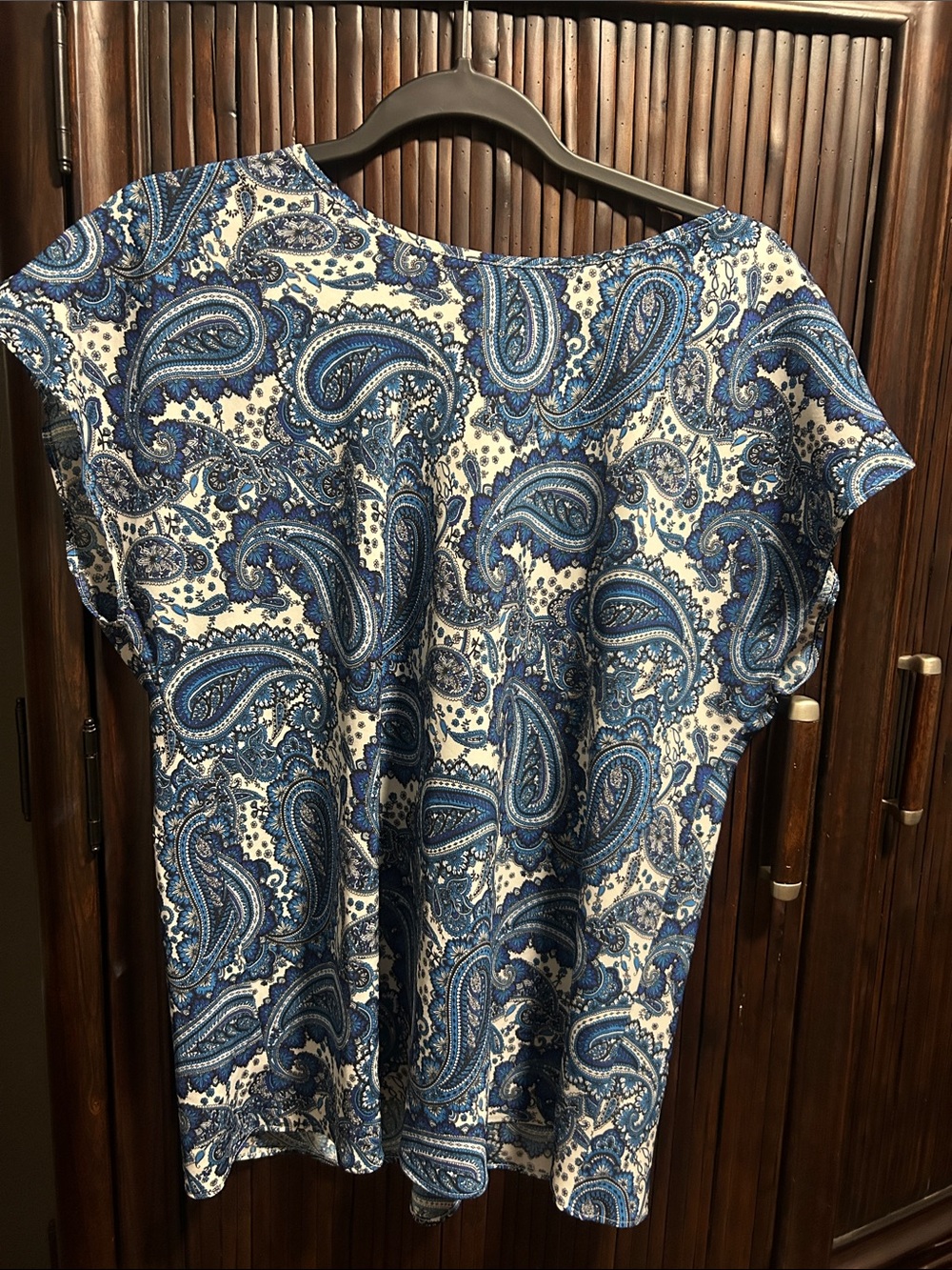 Express Blue and White Paisley Short-Sleeve Womens Top